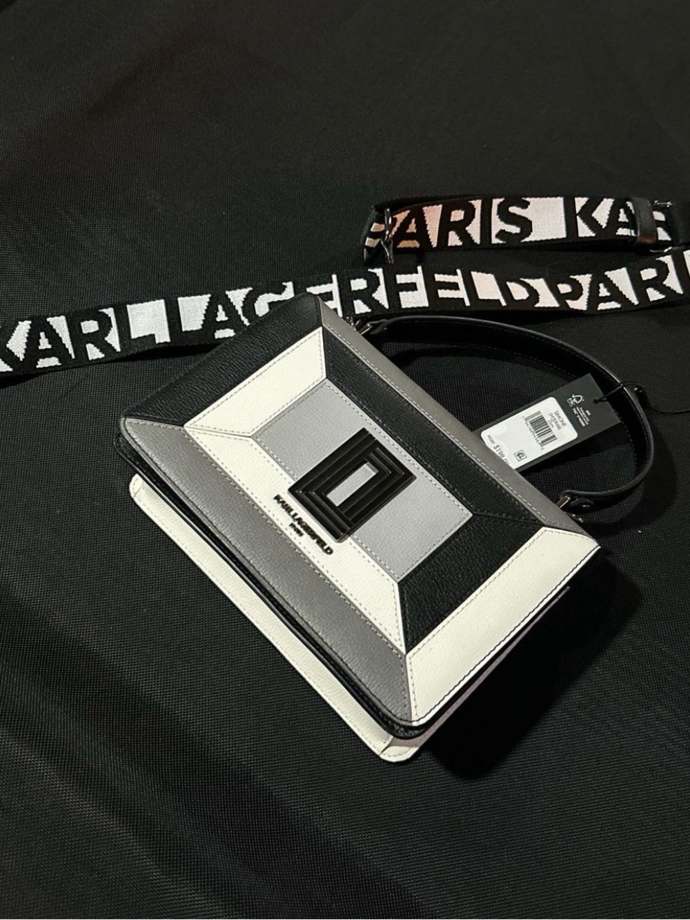 Karl Lagerfeld Black, White & Gray Geometric Panel Crossbody with Branded Strap